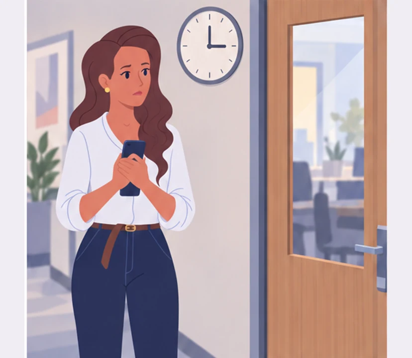 Maja waits tensely outside Anna’s office.