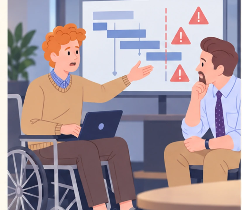 Olek, seated in his wheelchair, explains a scope and deadline problem to Marek.