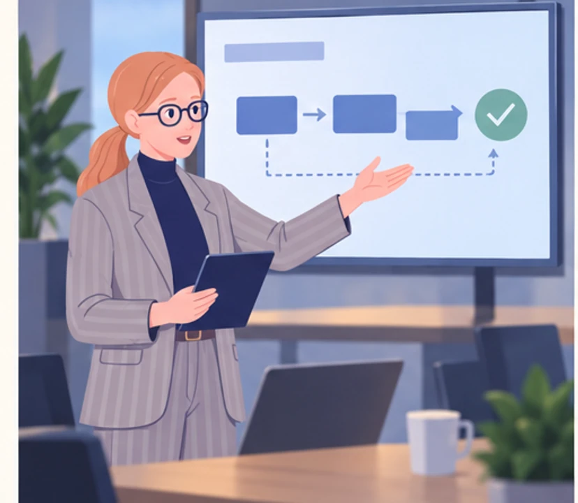 Anna presents a new process during a meeting and points to its stages.