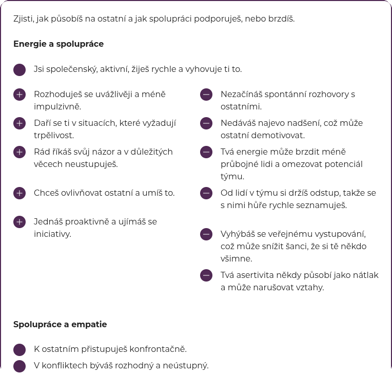 Obrazovka Empatyzeru: profil energie, spolupráce a empatie a vliv chování na tým.