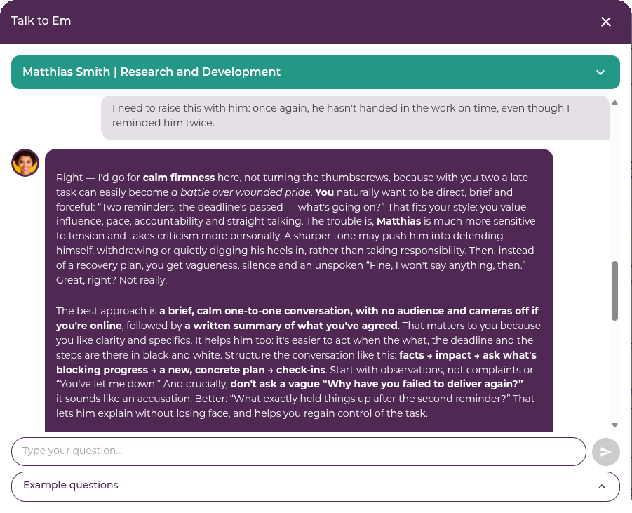 Empatyzer screen: Em helps prepare a calm conversation about another missed deadline.