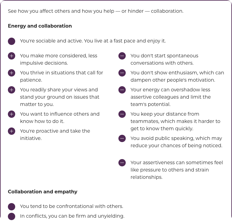 Empatyzer screen: a profile of energy, collaboration and empathy, showing how behaviour affects the team.