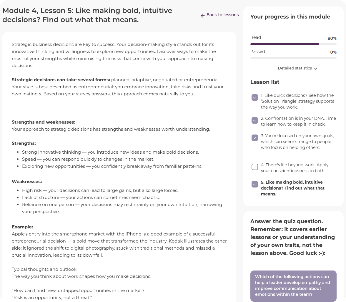 Empatyzer screen: a micro-lesson on bold, intuitive strategic decisions, with a lesson list and quiz question.