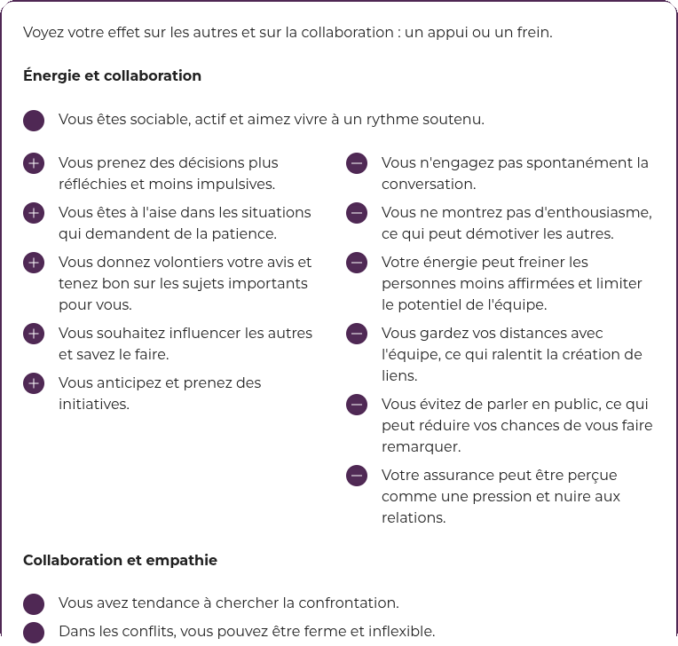 Écran Empatyzer : profil d’énergie, de collaboration et d’empathie, et effets des comportements sur l’équipe.
