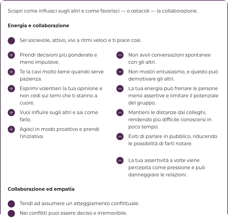 Schermata di Empatyzer: profilo di energia, collaborazione ed empatia e impatto dei comportamenti sul gruppo.